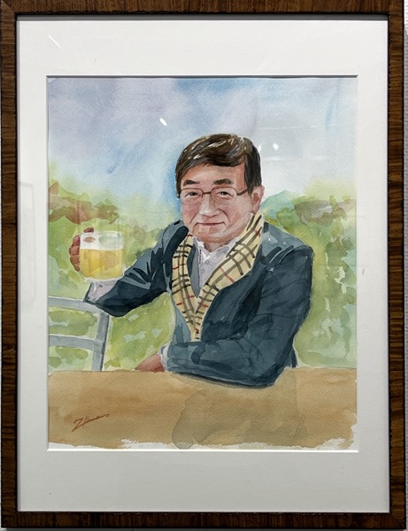 T.Kさん「ビールを持つ自画像」水彩